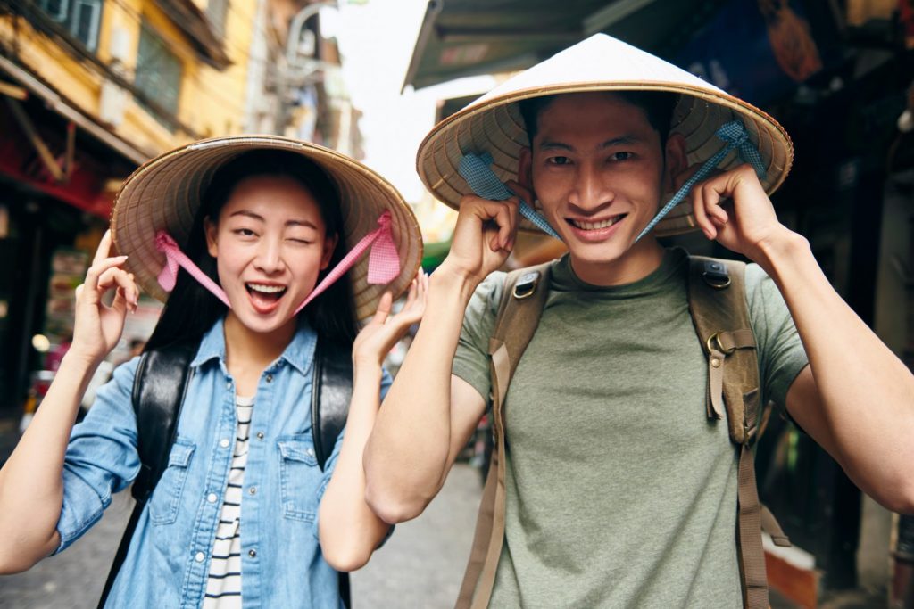 Portrait of Vietnamese tourists in Hanoi City