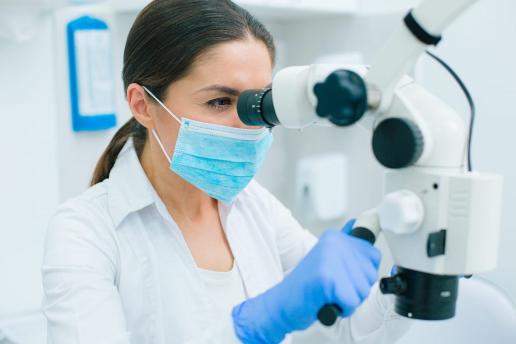 Confident dentist in rubber gloves and a medical mask touching the handles of a microscope and looking through the oculars