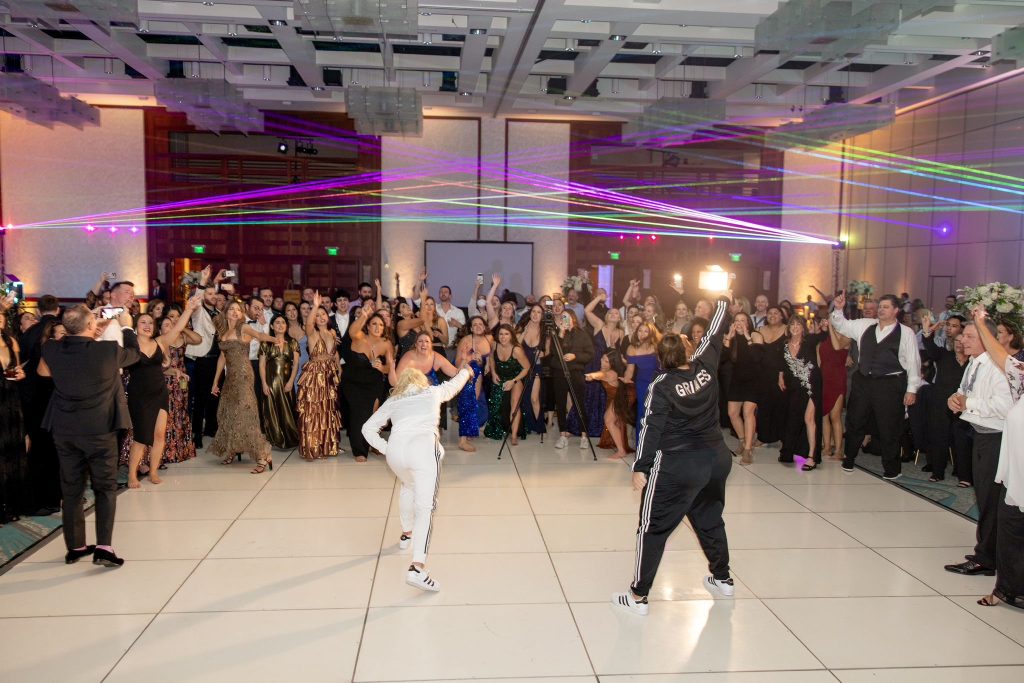 A couple who changed into sweatsuits at their wedding reception