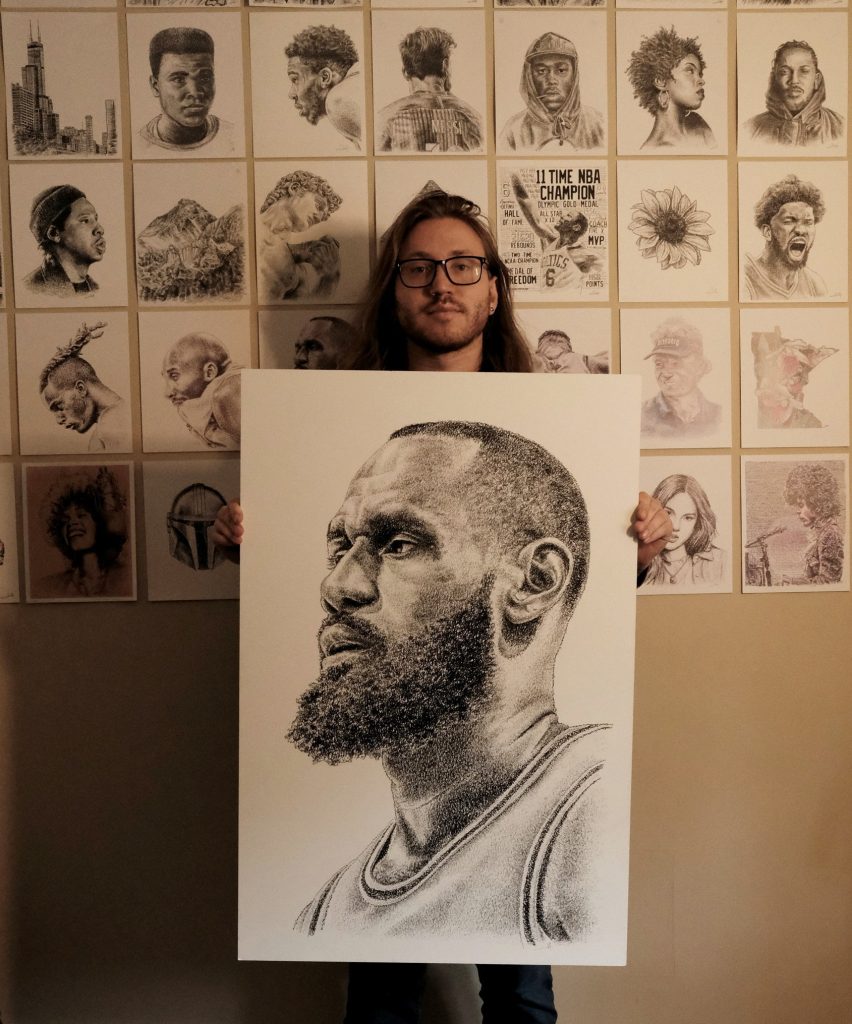 Portraits of celebrities by writing their name over 10,000 times